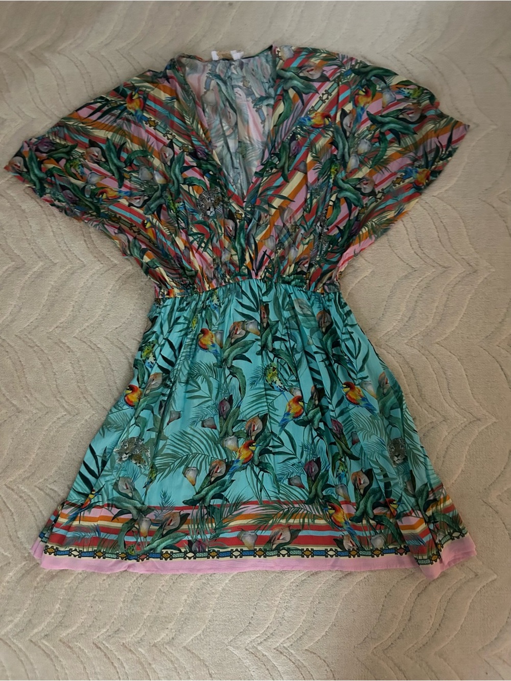 Tropical Print V-Neck Mini Dress in Teal & Multicolor